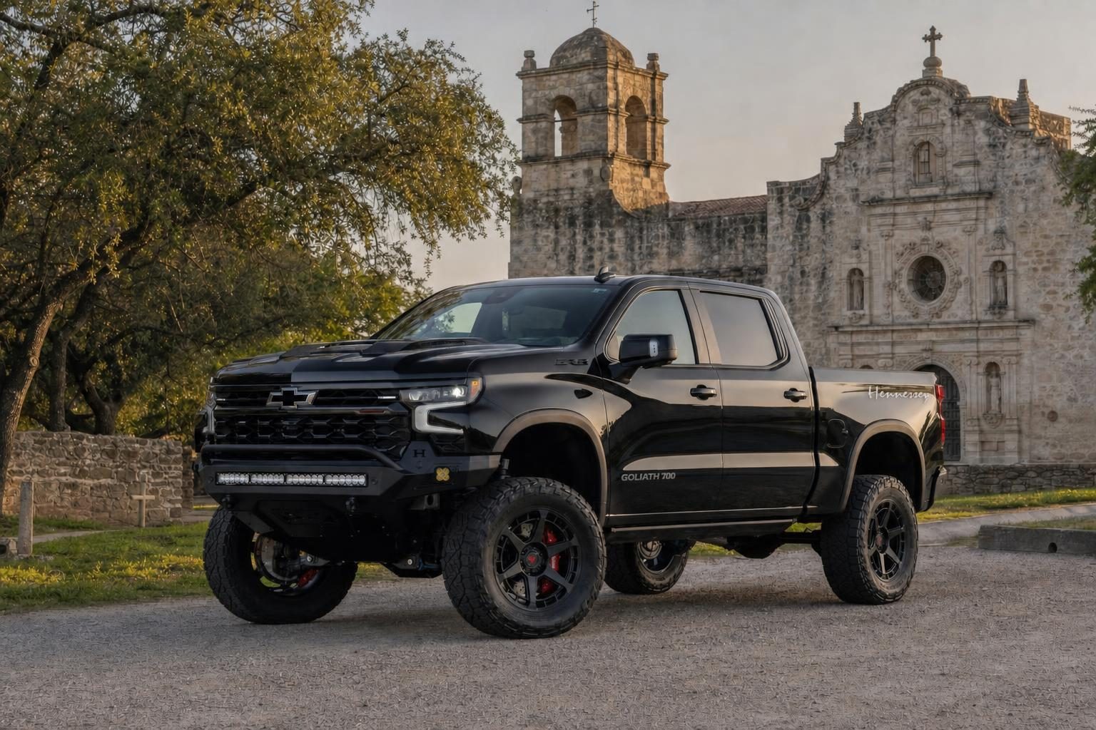 Black Hennessey Goliath 700 supercharged Chevrolet Silverado ZR2 in front of Mission San José in San Antonio, Texas
