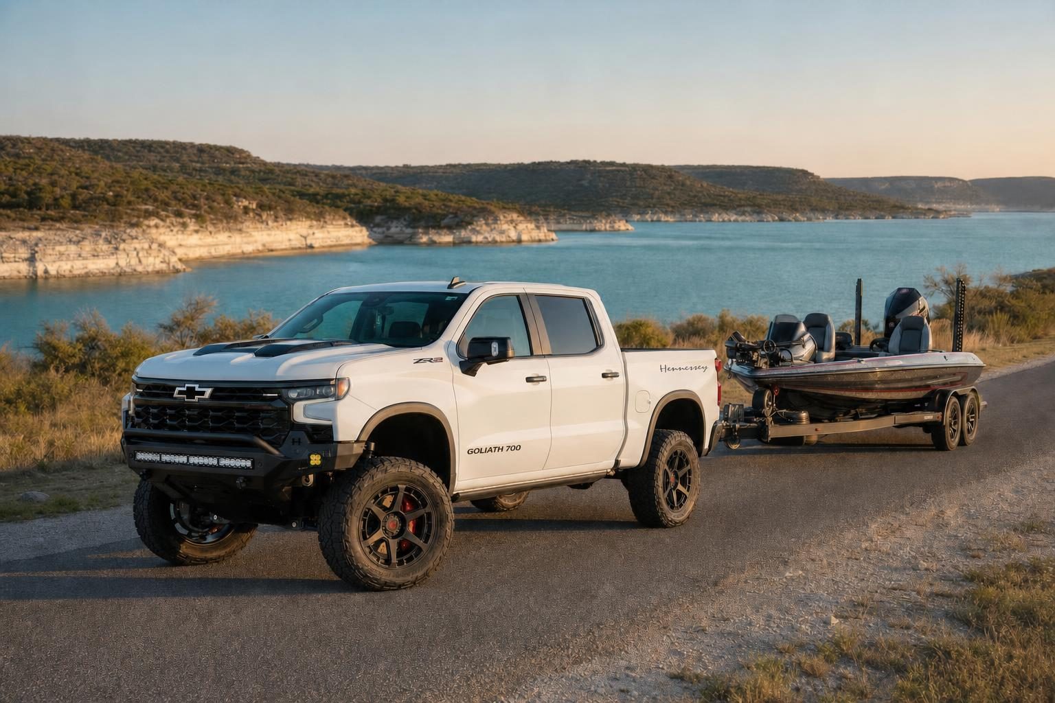 Hennessey Goliath 700 towing a bass boat near Lake Amistad outside Del Rio, Texas