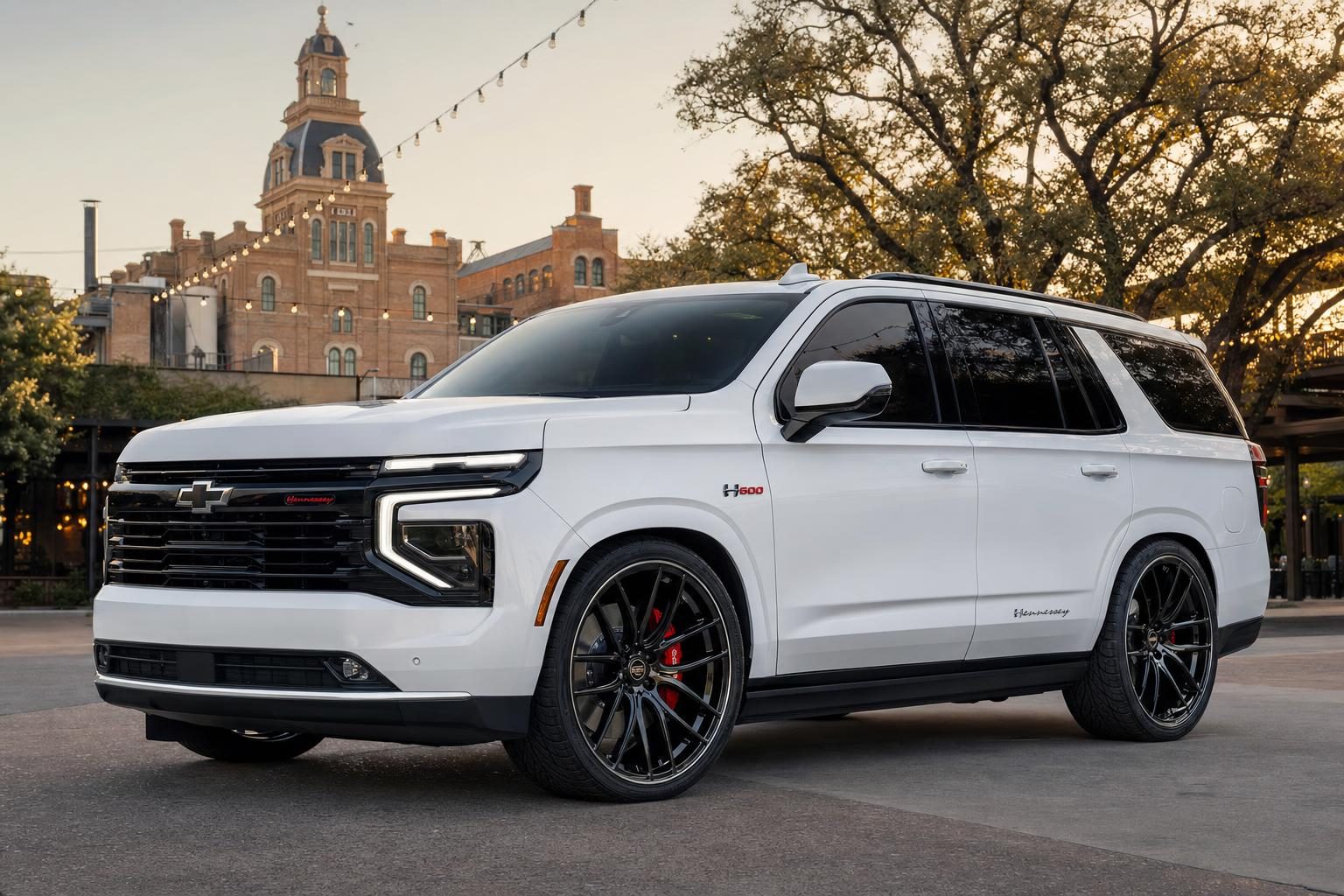 White Hennessey H600 Chevrolet Tahoe on 24-inch wheels at the Pearl district in San Antonio, Texas