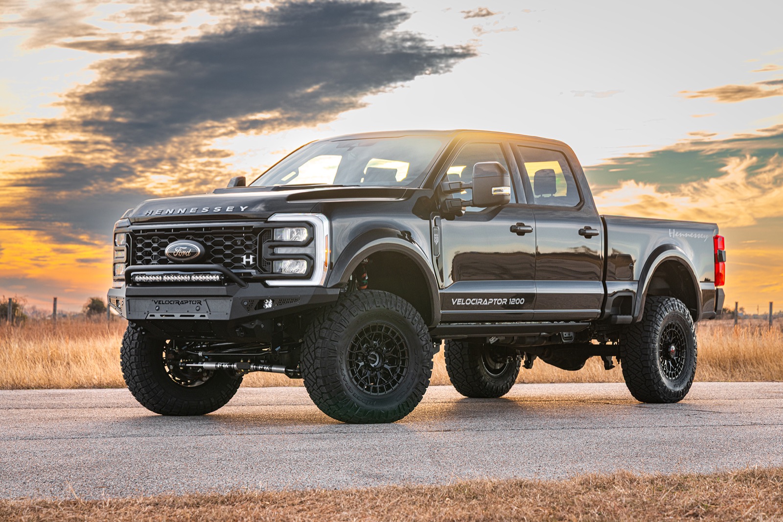 Black Hennessey VelociRaptor 1200 Ford F-250 Super Duty at sunset in Texas