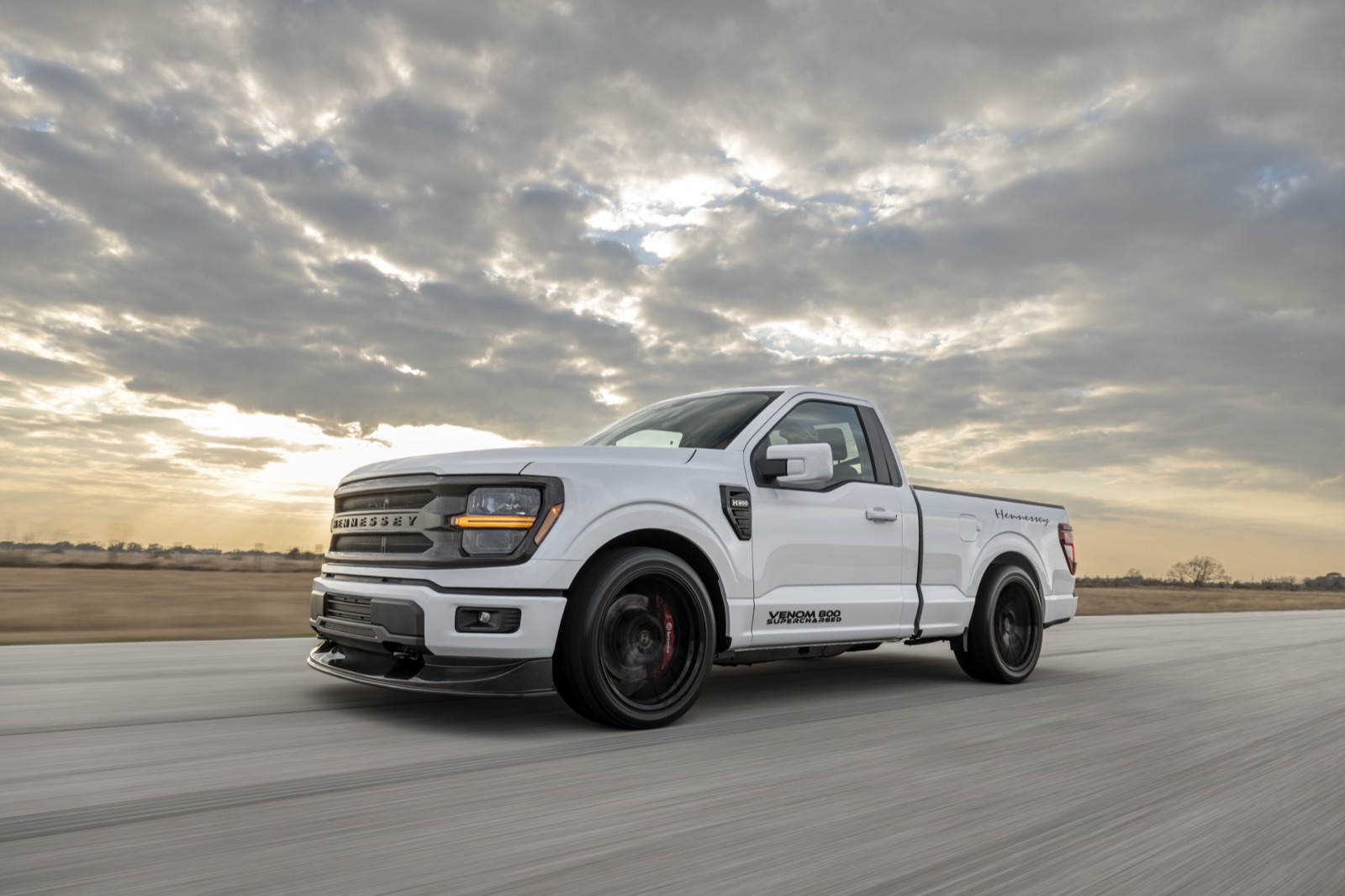 White Hennessey Venom 800 lowered Ford F-150 single cab sport truck