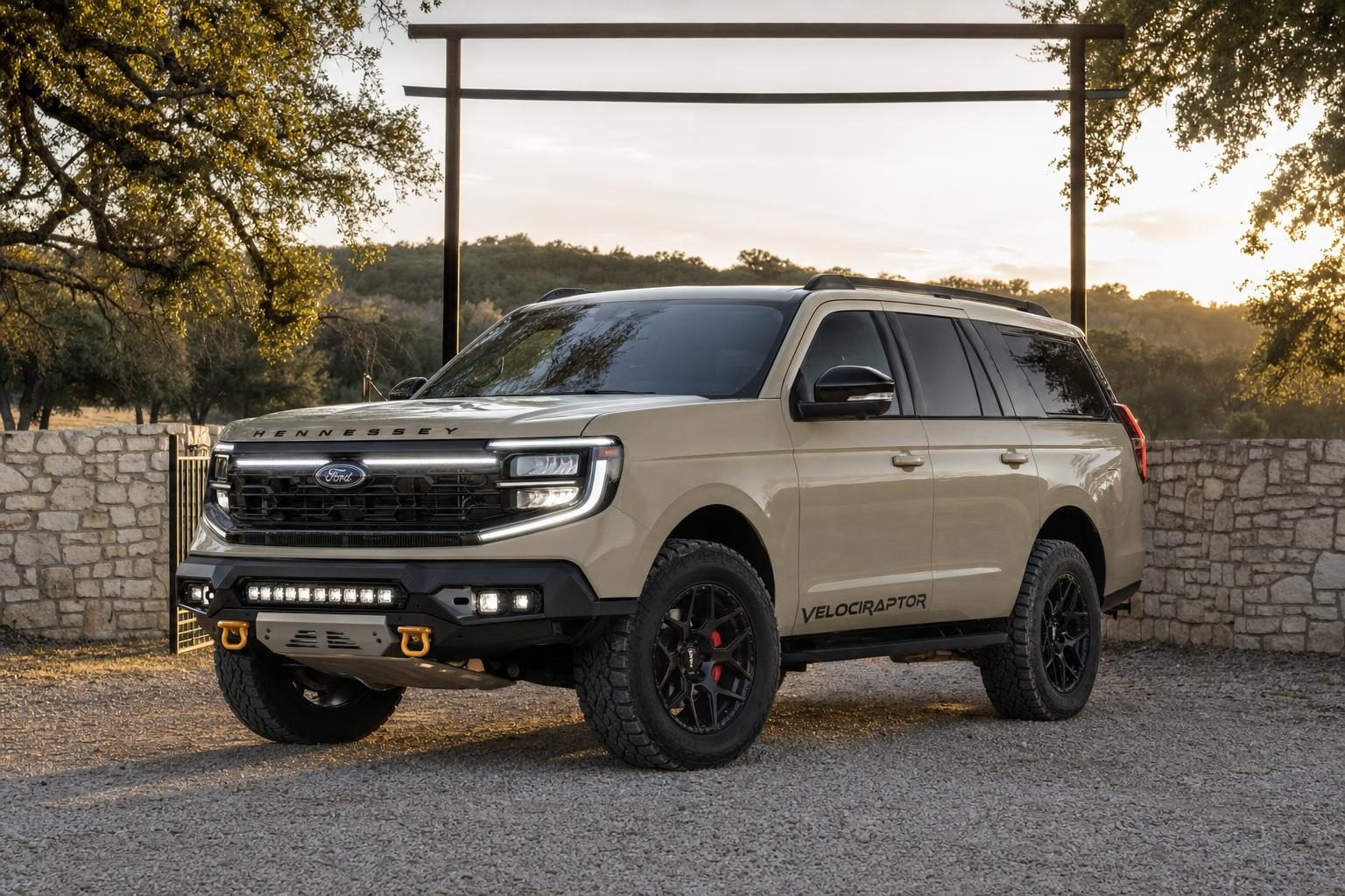 Tan Hennessey VelociRaptor SUV based on the Ford Expedition Tremor at a Texas Hill Country ranch gate